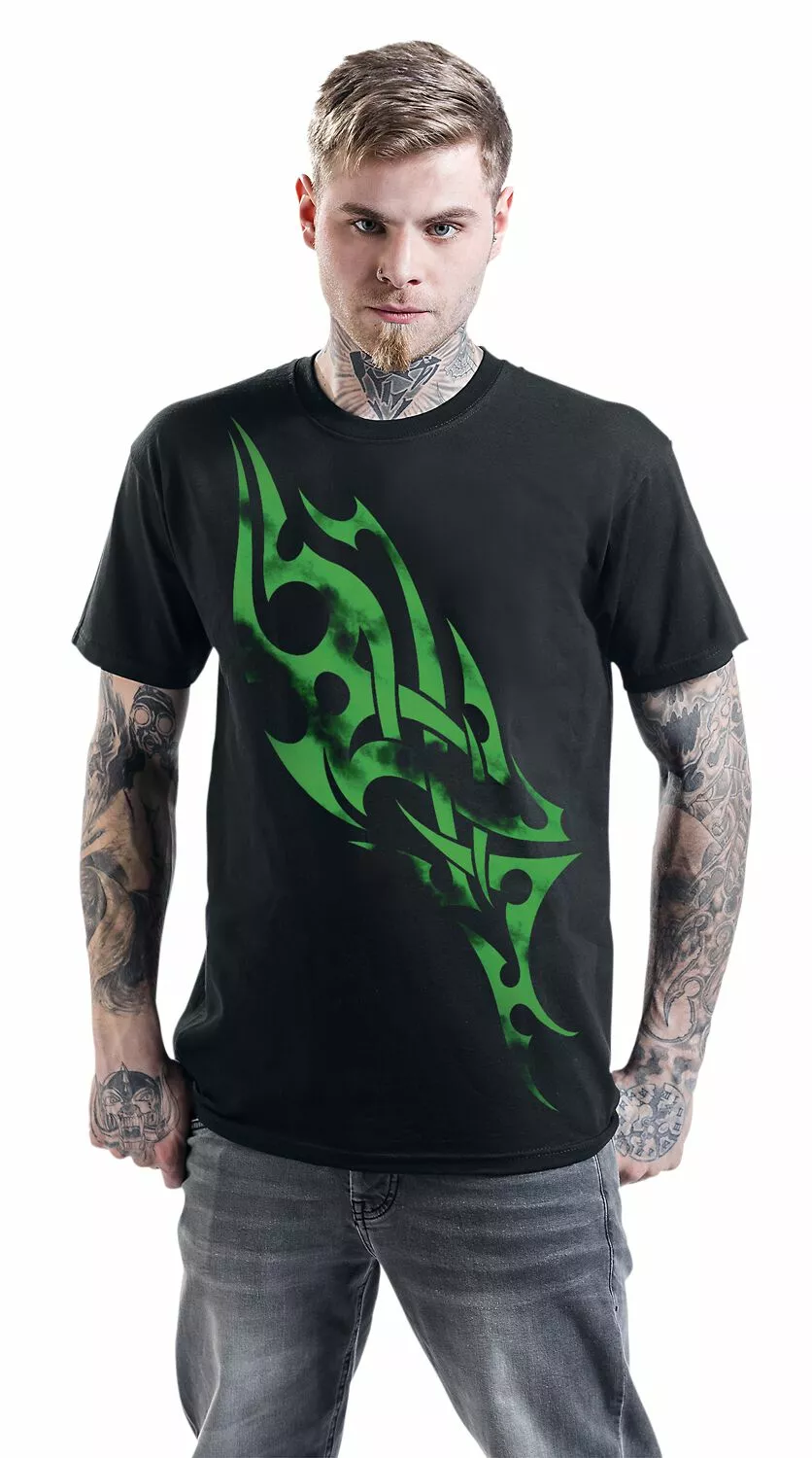 "Green Smoky Tribal" T-shirt Zwart - Afbeelding 4