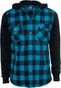 "Hooded Checked Flannel" Flanellen Overhemd Zwart-turquoise Van Urban Classics