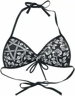"Black Bikini Top With Pentagrams And Roses" Bikini Top Zwart Van Gothicana By EMP