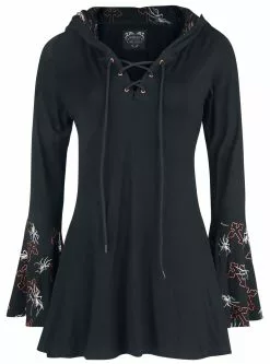 "Gothicana X Anne Stokes - Black Long-Sleeve Top With Lacing, Print And Large Hood" Shirt Met Lange Mouwen Zwart Van Gothicana By EMP