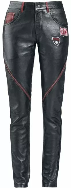 "Leather Trousers With Patches And Zip Details" Lederen Broeken Zwart-rood Van Rock Rebel By EMP