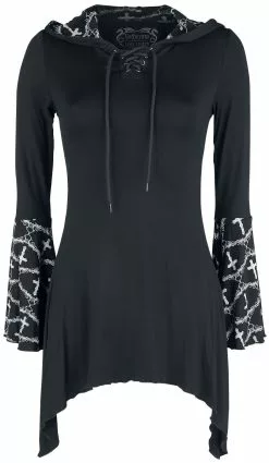 "Gothicana X Anne Stokes - Black Long-Sleeve Top With Lacing, Print And Large Hood" Shirt Met Lange Mouwen Zwart Van Gothicana By EMP