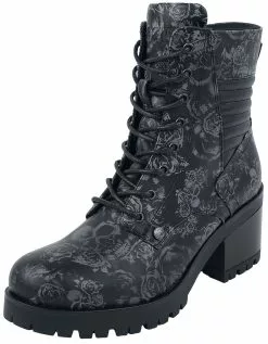 "Black Lace-Up Boots With Skull & Roses Pattern And Heel" Laars Zwart Van Black Premium By EMP