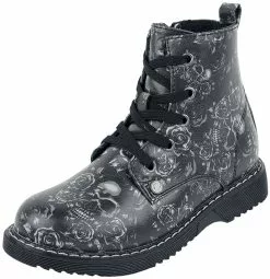 "Black Lace-Up Boots With Skull And Roses Print" Kinderlaarzen Zwart Van Black Premium By EMP