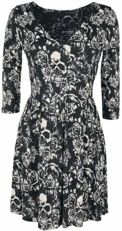 "Dress With Skulls & Roses Print" Korte Jurk Zwart Van Black Premium By EMP