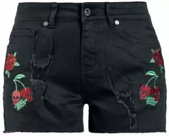 "Shorts With Cherry Skulls & Roses" Hot Pants Zwart Van Rock Rebel By EMP