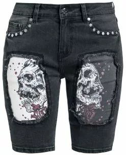 "Denim Shorts With Cut-Outs And Skull Print" Korte Broek Zwart Van Rock Rebel By EMP