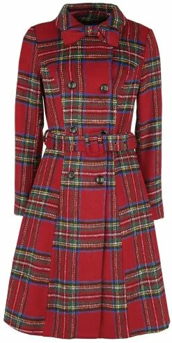 "Margaret Red Plaid Coat With Removable Bow" Lange Jassen Meerkleurig Van Voodoo Vixen