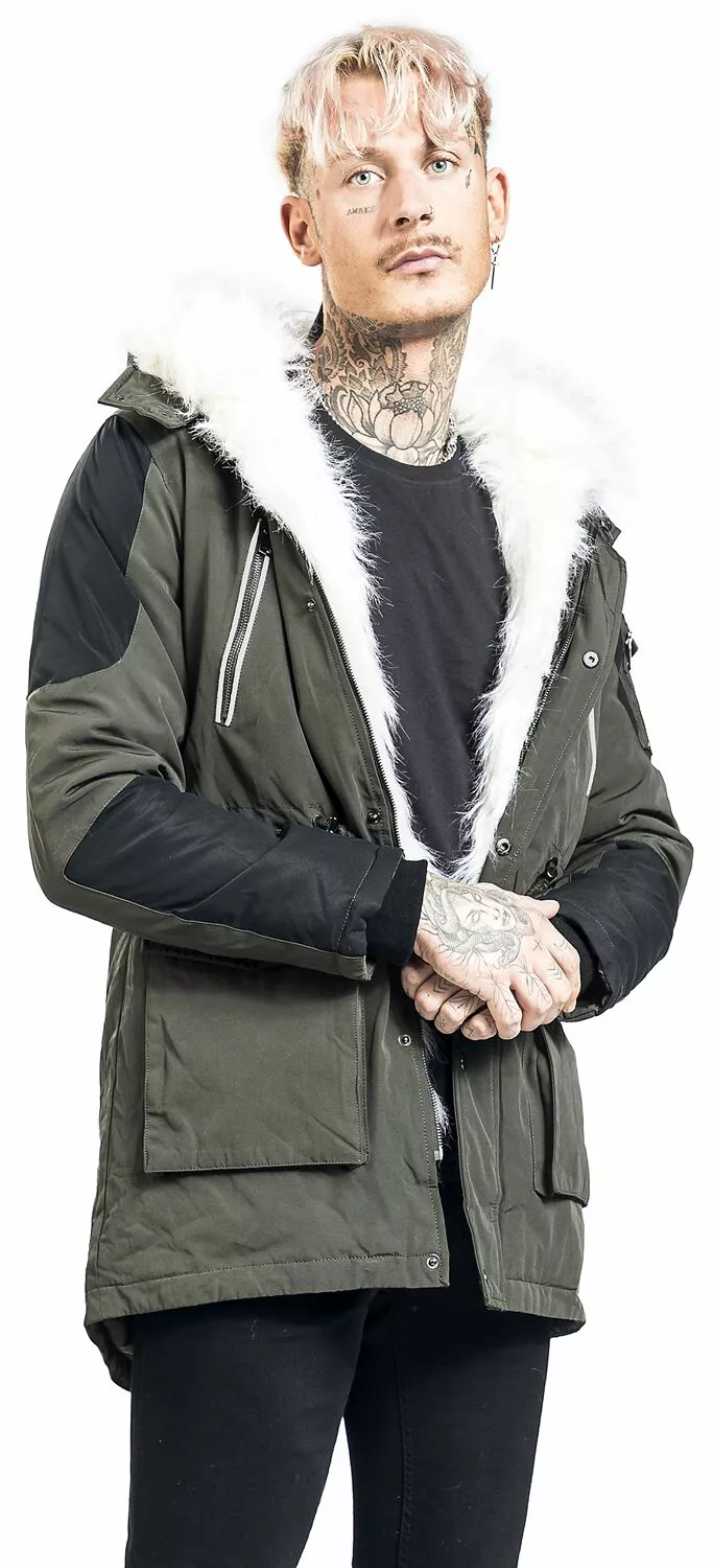 "Nonchalante Winterjas Met Imitatiebont" Winterjas Olijf-zwart Van Black Premium By EMP - Afbeelding 5