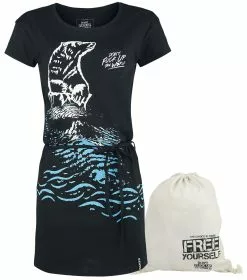 "Don't Fuck Up The World - Short Black Dress With Print" Korte Jurk Zwart Van EMP Special Collection