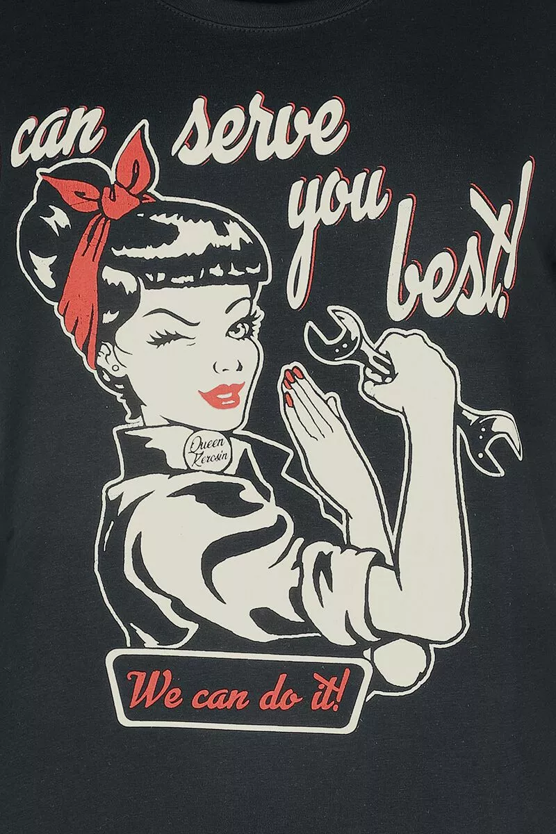 "I Can Serve You" T-shirt Zwart Van Queen Kerosin - Afbeelding 2