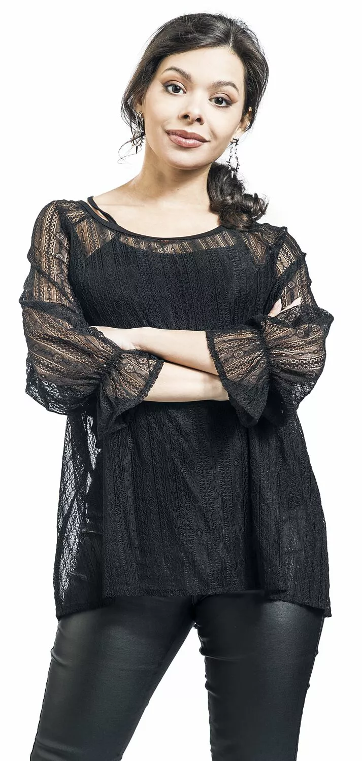 "Tweedelig Zwart Shirt Met Kant" Shirt Met Lange Mouwen Zwart Van Gothicana By EMP - Afbeelding 5