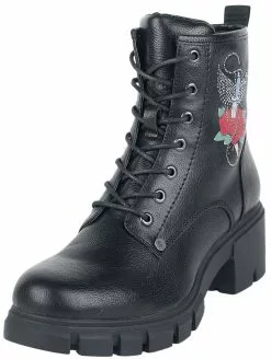 "Zwarte Veterboots Met Rozenprint En Strasssteentjes" Laars Zwart Van Rock Rebel By EMP