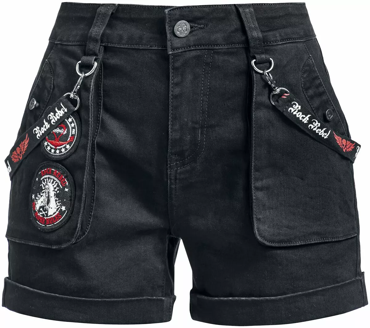 "Short Met Patches En Bandjes" Korte Broek Zwart Van Rock Rebel By EMP