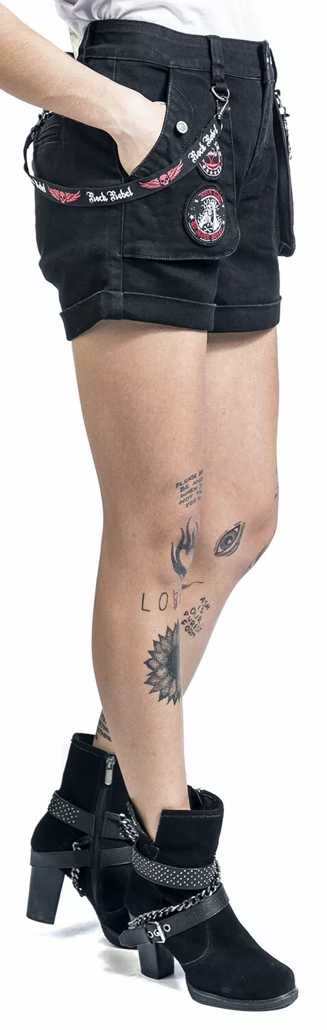 "Short Met Patches En Bandjes" Korte Broek Zwart Van Rock Rebel By EMP - Afbeelding 6