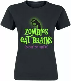Brandfun Slogans "Zombies Eat Brains - You're Safe" T-shirt Zwart Van Slogans
